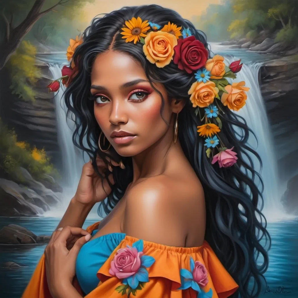 Prompt: A stunning airbrush oil painting of an ethereal woman with caramel skin, long flowing black sister loc hair adorned with colorful flowers like roses, daisies, and wildflowers in orange, pink, blue, and yellow. She wears an off-the-shoulder dress with ruffled sleeves transitioning from warm yellow to deep red, resembling a river of fire. Her eyes are closed, with shimmering turquoise eyeshadow, exuding serenity. The magical landscape background features a water fall