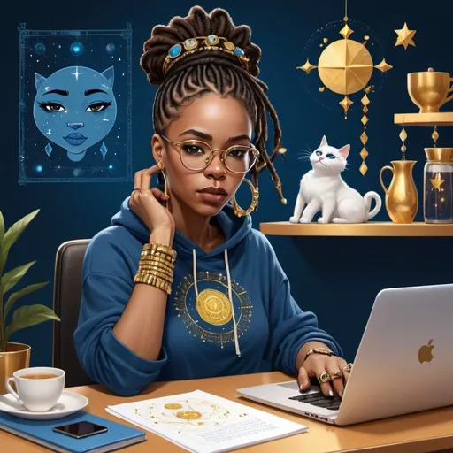 Prompt: Illustration character A Black African American woman has her hair in updo dreadlock style adorned with jewels. She sitting at her desk wearing a cropped hoodie on blue&gold and matching cat eye frame glasses while working while she drinks 
a cup of tea and works on her laptop that is covered in blue and gold astrology symbols 