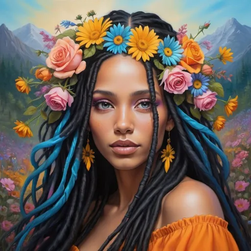 Prompt: A stunning airbrush oil painting of an ethereal woman with caramel skin, long flowing black dreadlocks hair adorned with colorful flowers like roses, daisies, and wildflowers in orange, pink, blue, and yellow. She wears an off-the-shoulder dress with ruffled sleeves transitioning from warm yellow to deep blue, e. Her eyes are closed, with shimmering turquoise eyeshadow, exuding serenity. The magical landscape background in a art studio surrounded by art tools and spiritual mediation items
