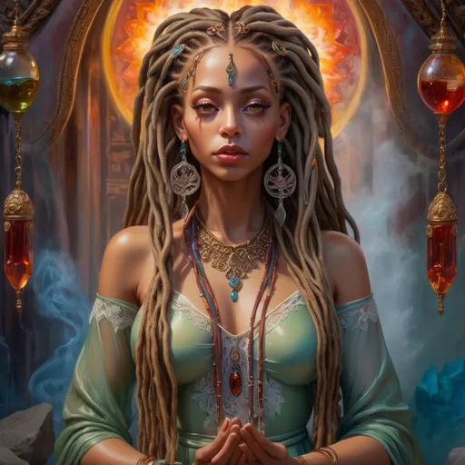 Prompt: A realistic 8 D oil painting detailed and vibrant transparent glass sculpture of woman with long jeweled dreadlocks hanging down She has big almond-shaped eyes. She is tall and has an attractive build with lots of curves with creative tools, intricate details, colorful art studio background. She has full lips. Her outfit is regal. She is in a dimly lit temple meditating and burning incense ,  elemental goddess, sage in her hands,  the orbes of elements of fire, earth, air and water  gown of lace, atmospheric lighting