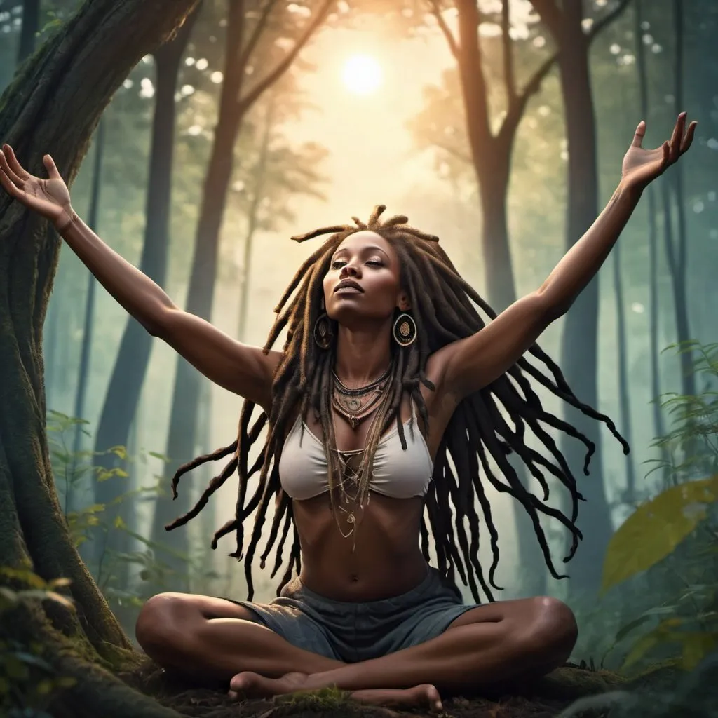 Prompt: Fantasy illustration of a beautiful  black woman long flowing dreadlocks, raising her hands to the sky at dawn sitting in a forest. Make anatomically correct with high definition and precise accuracy 