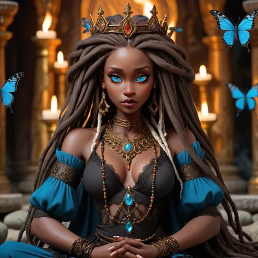 Prompt: Valkirie a very attractive African woman with long jeweled dreadlocks hanging down She has big almond shape marble brown eyes. She is tall and has an attractive build with lots of curves . Her skin is a rich chocolate brown. She has full lips. Her outfit is a goth fairy aesthetic. She had beautiful blue wings that are a cross between a butterfly and angel.  She is in a dimly lit temple meditating and burning incense , mythical  battle background,  elemental goddess, crown , sage in her hands,   the orbes of elements of fire, earth, air and water surround her. black beautifull gown of lace, atmospheric lighting