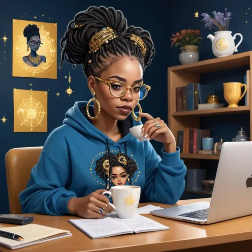 Prompt: Illustration character A Black African American woman has her hair in updo dreadlock style adorned with jewels. She sitting at her desk wearing a cropped hoodie on blue&gold and matching cat eye frame glasses while working while she drinks 
a cup of tea and works on her laptop that is covered in blue and gold astrology symbols 