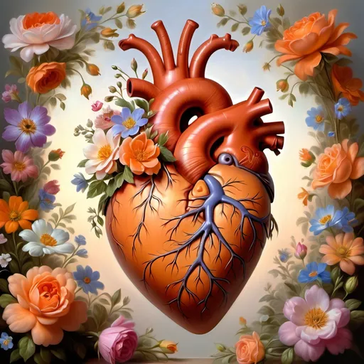 Prompt: a real heart with simple little flowers blooming from the top, lighting, detailed heart parts, angelical, Delightful, Revelations, pastel mix, orange model mix, stable diffusion, pastel mix, oil painting, masterpiece, Dynamic range photo, UHD quality, true color, vivid display, Renaissance art, oil paint, HDR, 64K pixels, Super Amoled display, High Contrast