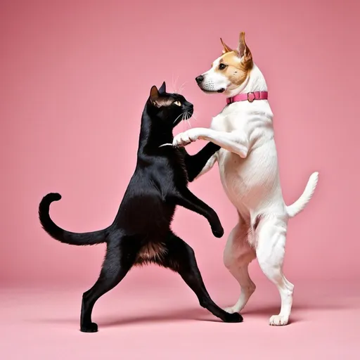 Prompt: make a cat dancing tango with a dog that is pink