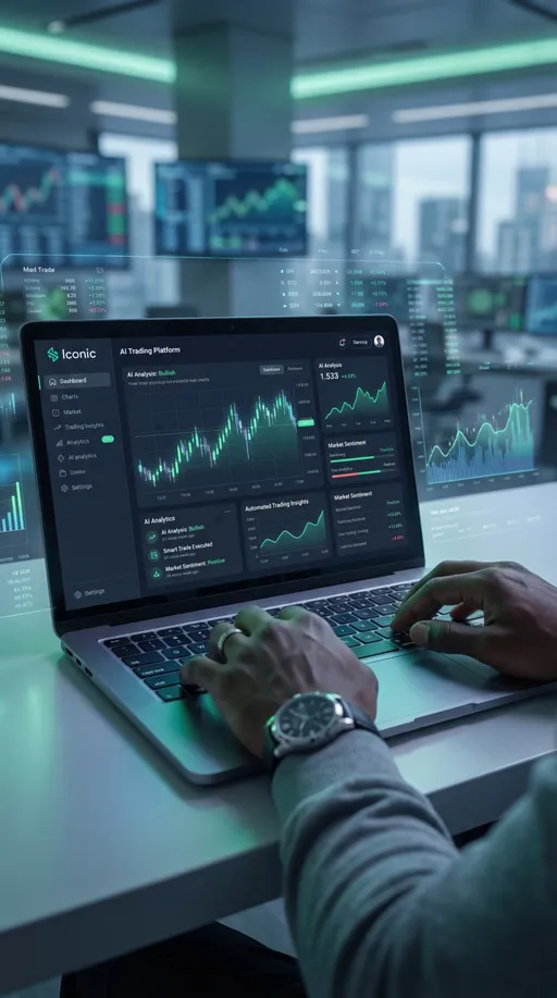 Prompt: Here’s the **enhanced copy-paste prompt** with the POV laptop perspective and the **Iconic AI trading platform** added:

```
Create a cinematic scene from a first-person perspective as if we are seeing through the eyes of an AI Twin sitting down at the  laptop. The he watches the laptop screen as the AI Twin’s hands rest on the keyboard typing in a calm, focused environment. The atmosphere feels modern, intelligent, and futuristic.

The AI Twin logs into a platform called "Iconic", a simple and welcoming AI-powered trading platform designed to replace the traditional, complicated way of trading. As the screen loads, clean modern dashboards appear with glowing charts, AI analytics, and automated trading insights that feel effortless and advanced.

The interface of Iconic should look sleek, intuitive, and beginner-friendly, showing how artificial intelligence analyzes the market and executes smart trading decisions. The AI Twin navigates the platform confidently, demonstrating how trading is evolving from stressful manual strategies to intelligent AI-assisted automation.

The scene should emphasize the transition away from the old, complicated way of trading toward a smarter, easier future powered by AI. Futuristic lighting from the screen reflects on the hands and keyboard, with subtle holographic financial data, digital charts, and AI signals appearing around the workspace.

Style: cinematic POV, first-person laptop view, futuristic fintech environment, clean modern UI, glowing AI charts, calm focused mood, high-tech but simple and welcoming design.
```

If you want, I can also create:

* **a 45–60 second AI Twin script** that matches this scene
* **a viral TikTok/Reels version of this prompt**
* **a prompt that makes the AI Twin look exactly like you** for branding.
