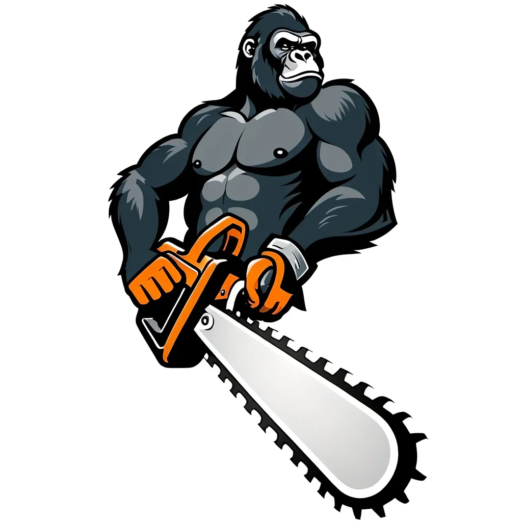 Prompt: A simple mascot logo of a gorilla holding a chainsaw, no orange on head