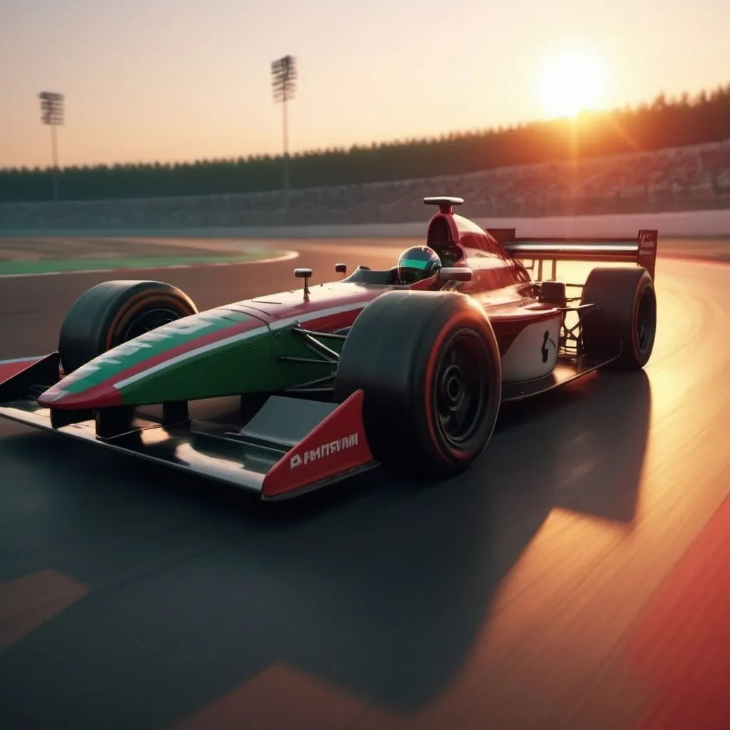 Prompt: a racing car driving on a race track at sunset or dawn with the sun setting behind it and the driver in the front, expicit speed writen on it, panfuturism, 4k uhd,  and has to have the colors red green white and black in it. side view of the car should be there