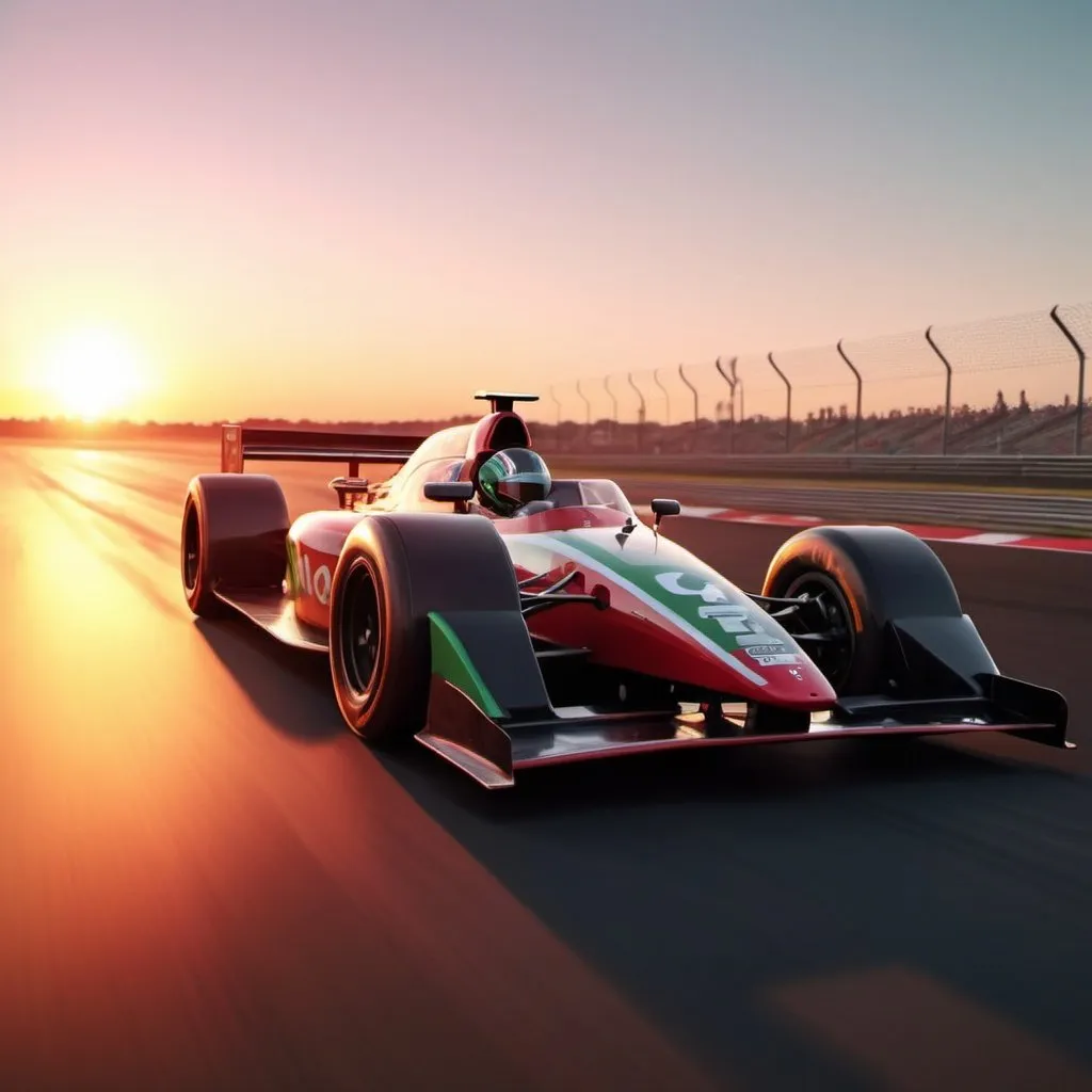 Prompt: a racing car driving on a race track at sunset or dawn with the sun setting behind it and the driver in the front, expicit speed writen on it, panfuturism, 4k uhd,  and has to have the colors red green white and black in it.