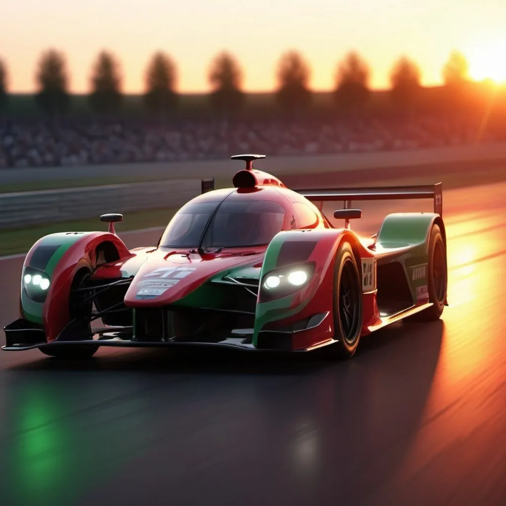 Prompt: a racing car driving on a race track at sunset or dawn with the sun setting behind it and the driver in the front, expicit speed writen on it, panfuturism, 4k uhd,  and has to have the colors red green white and black in it. side view of the car should be there make it a bit more bright
