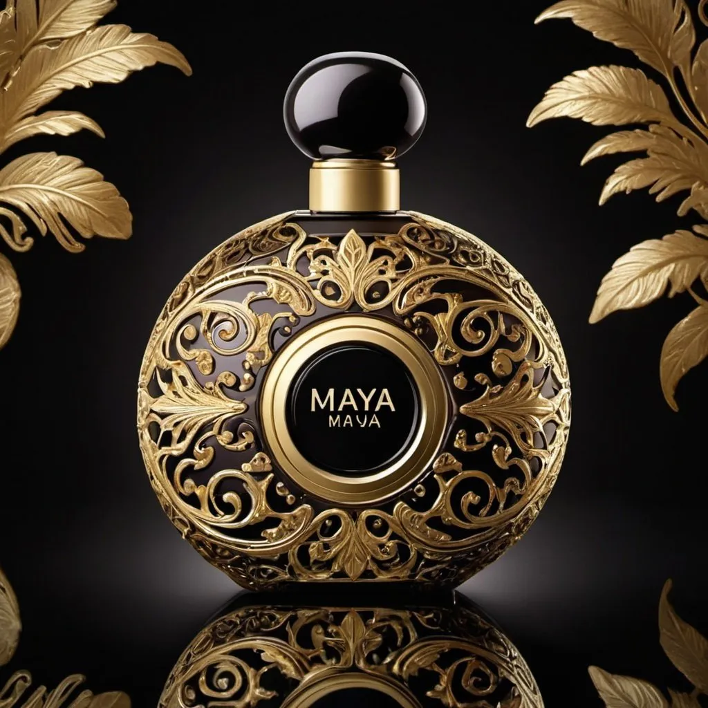 Prompt: Design packaging and bottles for exotic perfume. Elaborate. Luxurious. Filigree Gold. Black. Dark brown. Called “Maya”