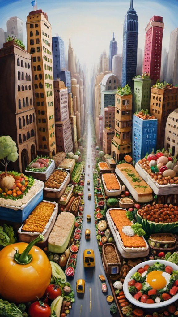 Prompt: City made of food painting 