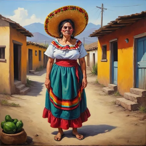 Prompt: Grotesque taco woman in Mexican village. Full length. Full body. Oil painting