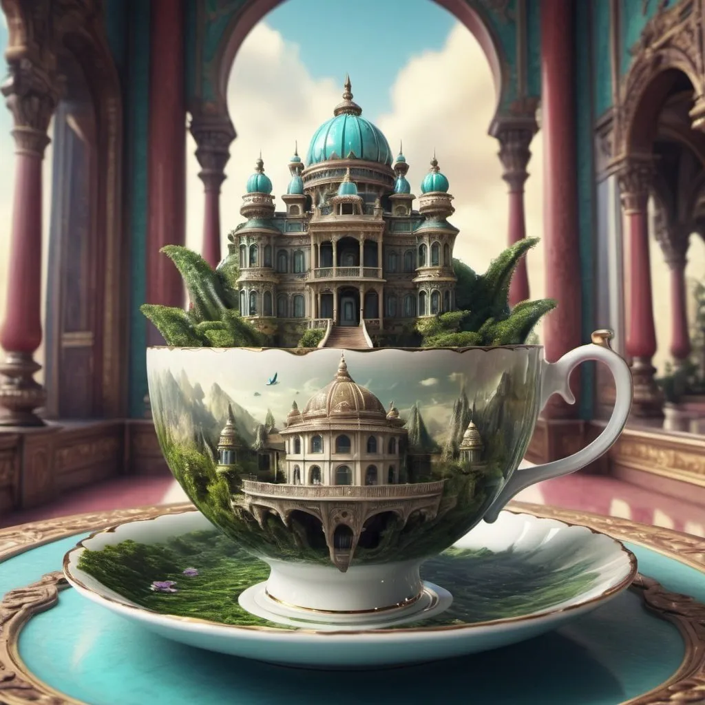 Prompt: Surreal fantasy exotic palace in tea cup. UHD. HDR. 8K. Photorealistic. Surrealism 
