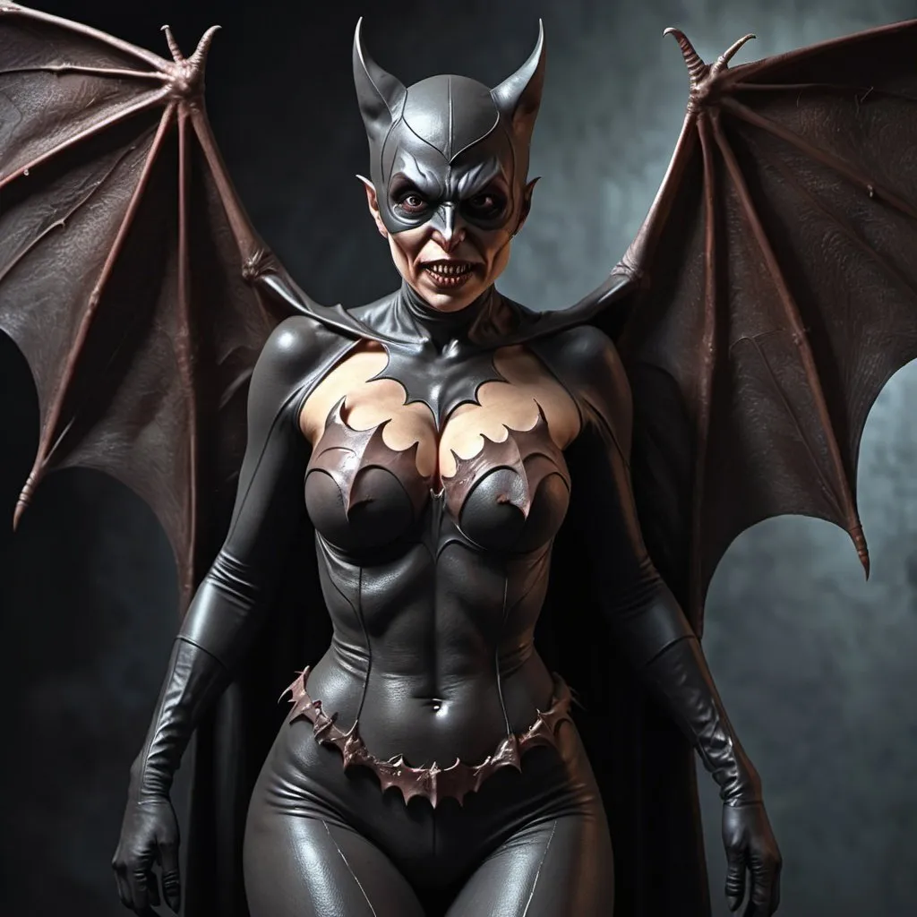 Prompt: Grotesque bat woman. UHD. HDR. 8K. Photorealistic. Full length. Full body 