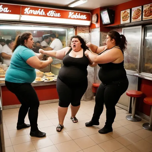 Prompt: Fat women fight in kebab shop 