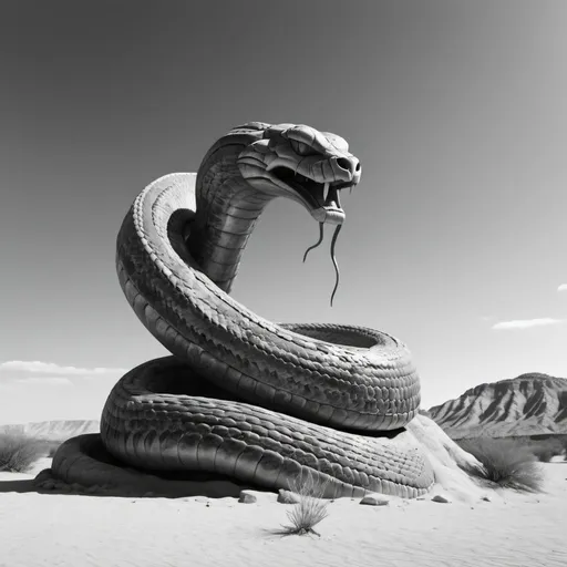 Prompt: Giant ancient statue of a snake. In desert. UHD. HDR. 8K. Photorealistic. Black and white. 