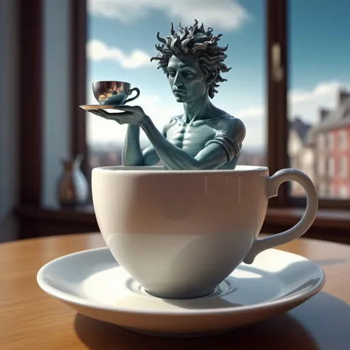 Prompt: Surreal fantasy statue in cup of tea. Surrealism. UHD. 8K. HDR. photorealistic 