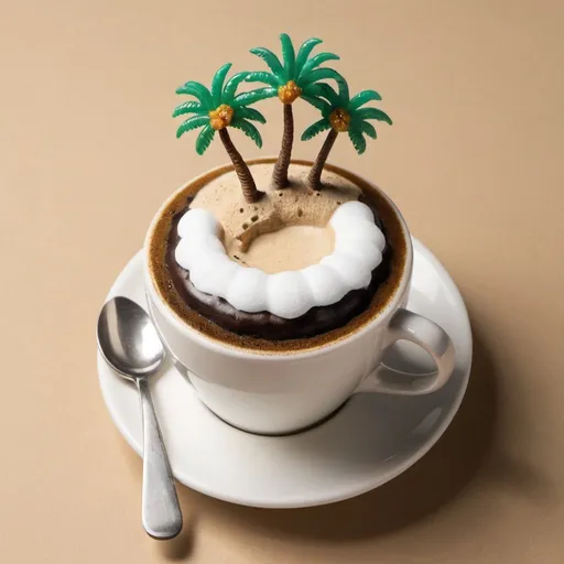 Prompt: Mini desert island floating in cup of coffee