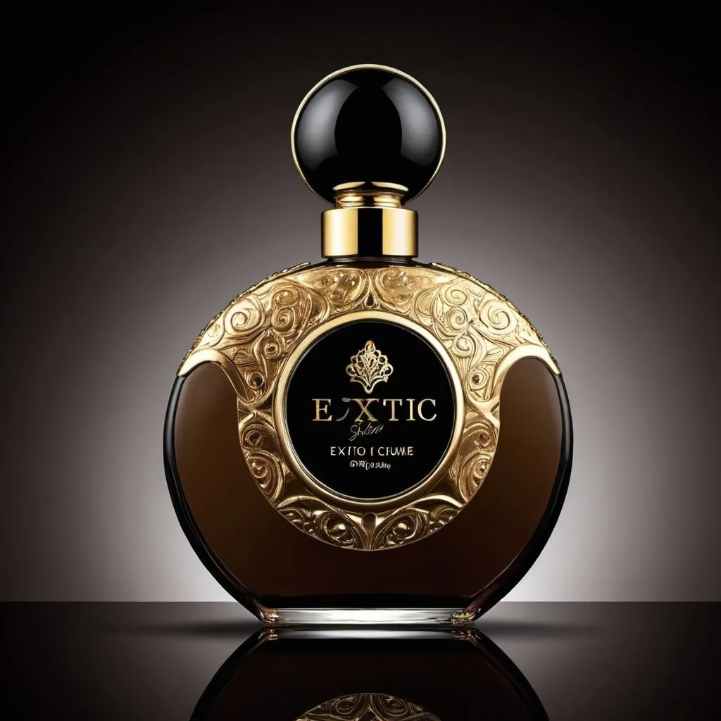 Prompt: Design packaging and bottles for exotic perfume.  Luxurious. Gold. Black. Dark brown. 