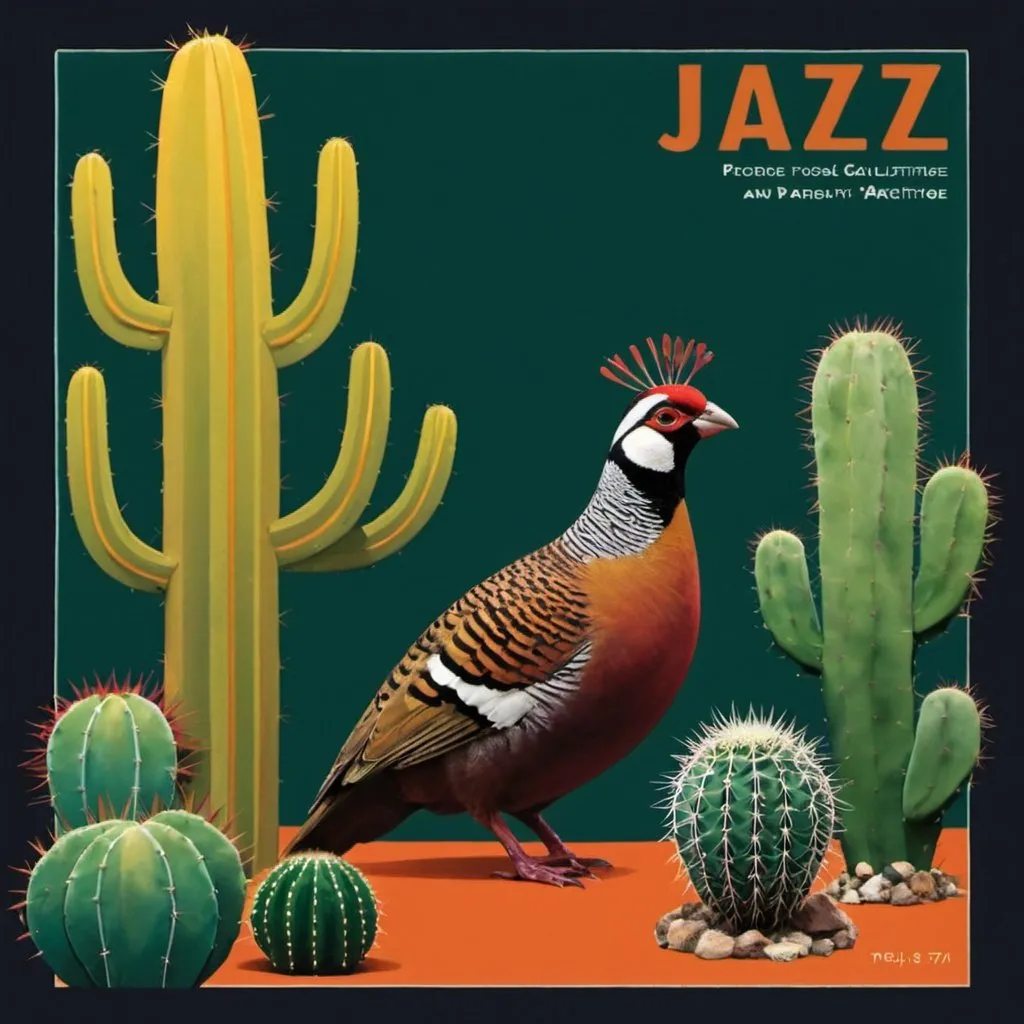 Prompt: Jazz album cover with partridge and cacti