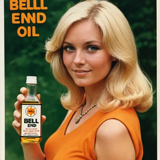 Prompt: Advert for “Bell End Oil”. Pretty Blonde woman holding bottle. 1970s style 