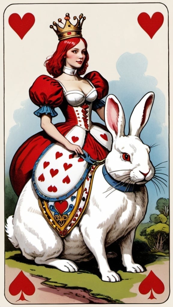 Prompt: Queen of hearts riding giant white rabbit 