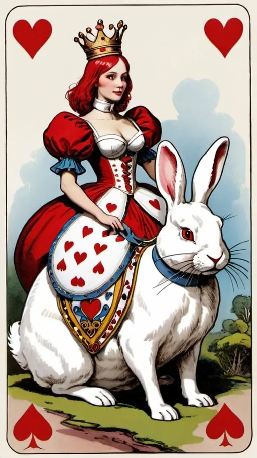 Prompt: Queen of hearts riding giant white rabbit 