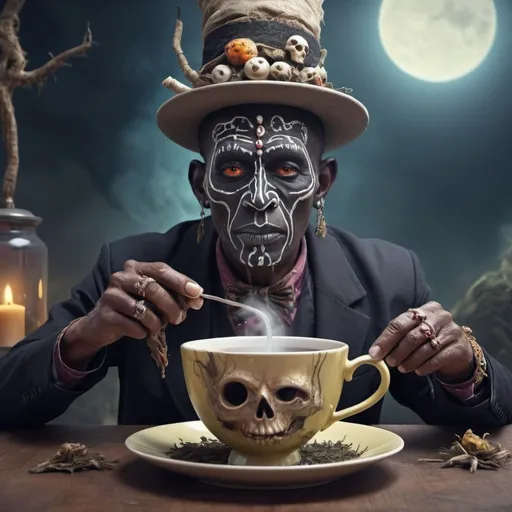 Prompt: Surreal fantasy witch doctor in cup of tea. Surrealism. UHD. 8K. HDR. photorealistic 
