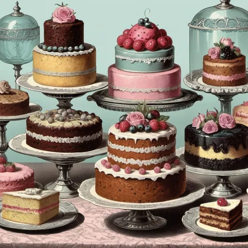 Prompt: Surreal Victorian illustration of different cakes