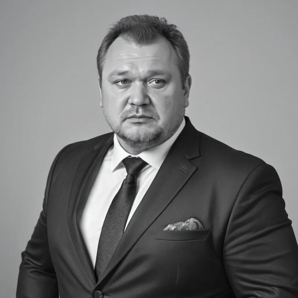 Prompt: Chubby middle aged Russian man in suit. Portrait. UHD. HDR 8K. Photorealistic. Black and white. Super detailed. Professional photography 