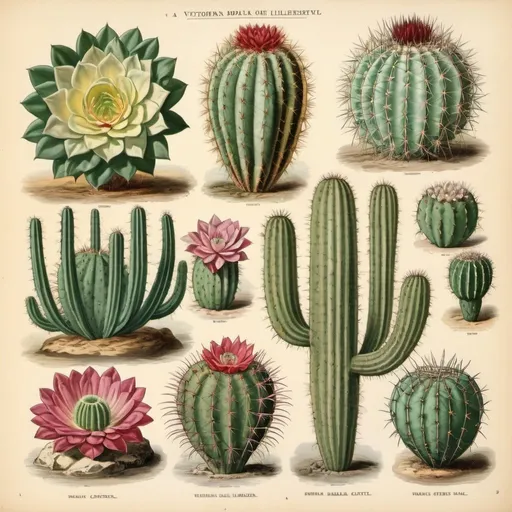 Prompt: Victorian botanical illustration of different cacti