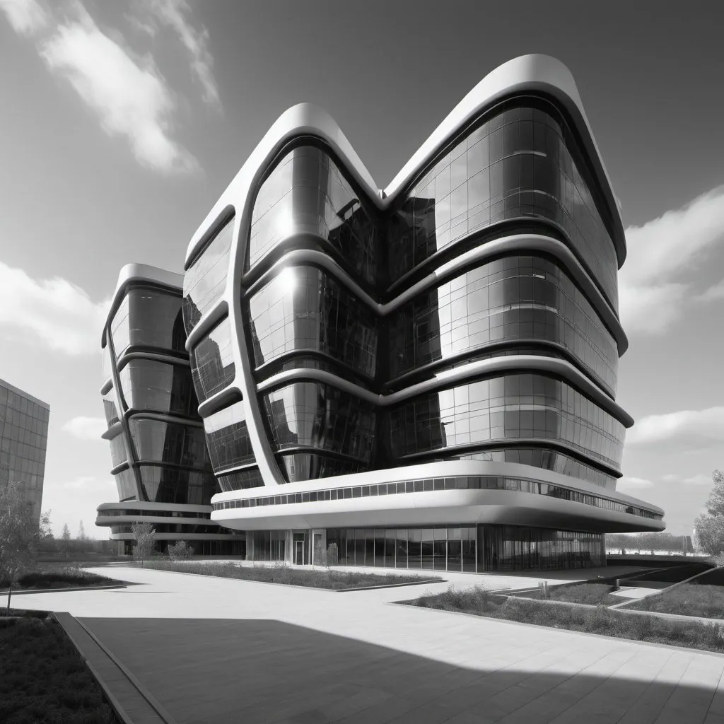 Prompt: Futuristic office complex. Portrait. UHD. HDR 8K. Photorealistic. Black and white. Super detailed. Professional photography 
