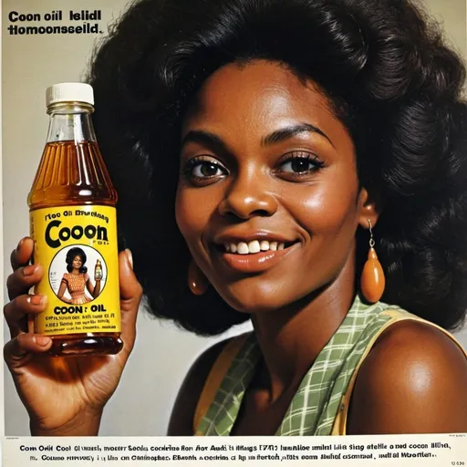 Prompt: Advert for “Coon Oil”. Pretty Black woman holding bottle. 1970s style 