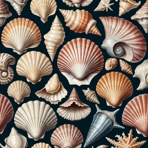 Prompt: Surreal Victorian illustration of different seashells. 