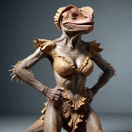 Prompt: Grotesque frilled lizard woman.  Full length. Full body. UHD hdr 8K photorealistic 