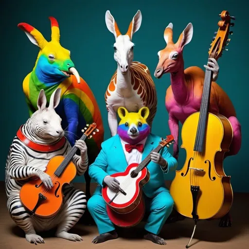 Prompt: Weird colourful animals playing instruments 