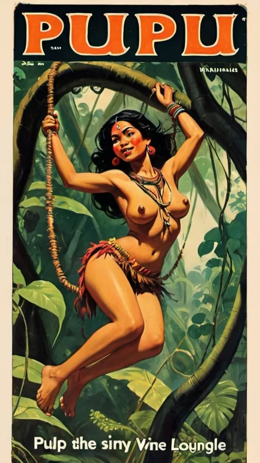 Prompt: Tribal women swinging from vine in jungle. Pulp magazine cover. 