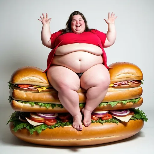 Prompt: Fat woman rides on giant sandwich 