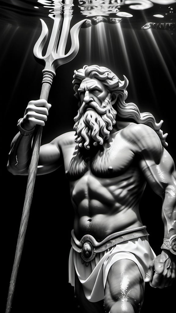 Prompt: God Poseidon. Underwater Photorealistic. Professional photography. Black and white. 