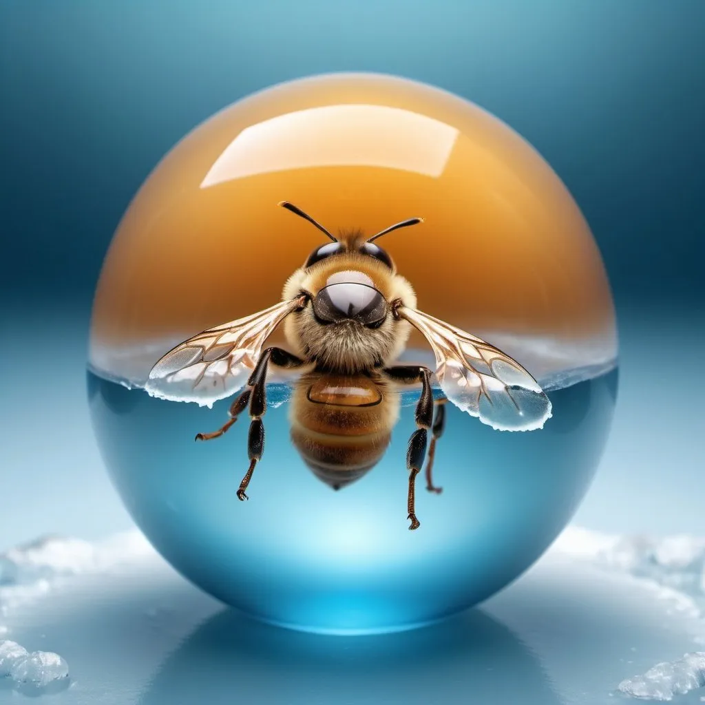 Prompt: Floating honey sphere, slight dripping on the edge, detailed illustration of the human eye in blue inside the ice sphere, smooth pastel gradients in the background, high quality, detailed, pastel tones, surreal, detailed eye, floating design, artistic, dreamy lighting