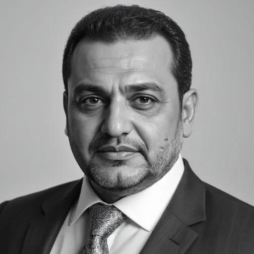 Prompt: Chubby middle aged Arabic man in suit. Portrait. UHD. HDR 8K. Photorealistic. Black and white. Super detailed. Professional photography 