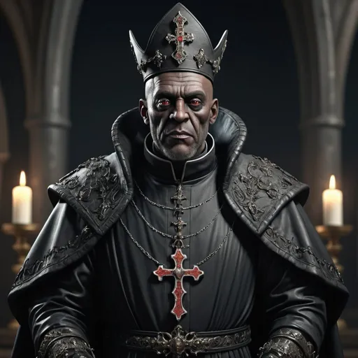 Prompt: Grotesque handsome dark bishop. UHD. HDR. 8K. Photorealistic. Full length. Full body 