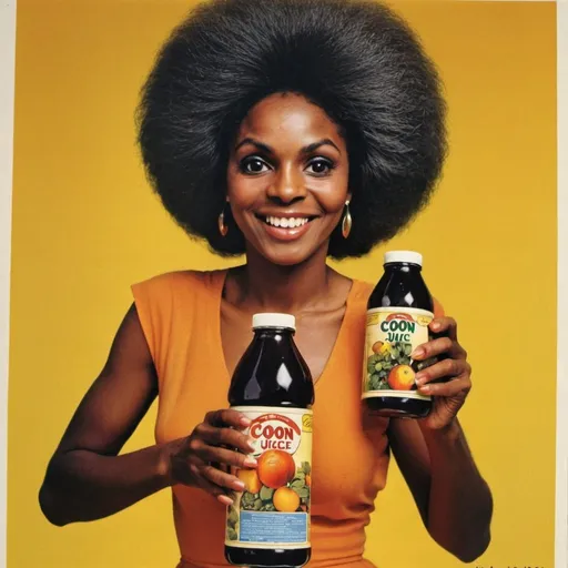 Prompt: Advert Coon Juice. Black woman holding bottle. 1970s style 