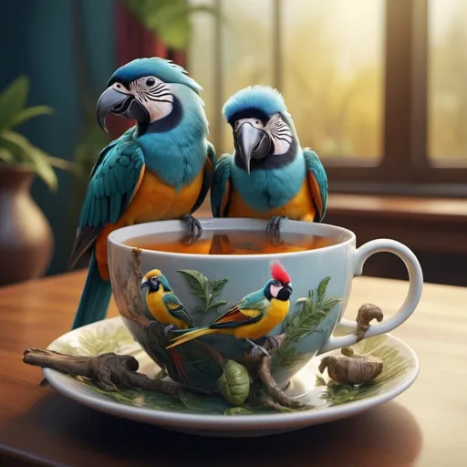 Prompt: Surreal fantasy exotic birds in cup of tea. Surrealism. UHD. 8K. HDR. photorealistic 