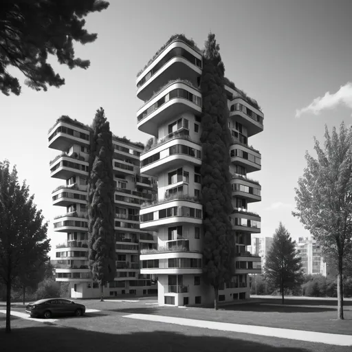 Prompt: Futuristic apartment block with trees. UHD. Black and white. 