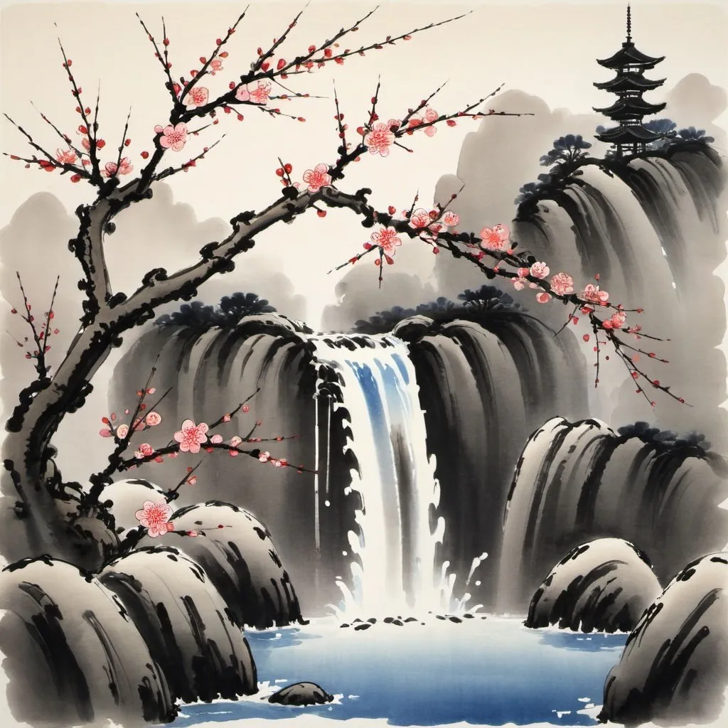 Prompt: Plum blossom and waterfall. Japanese ink painting 