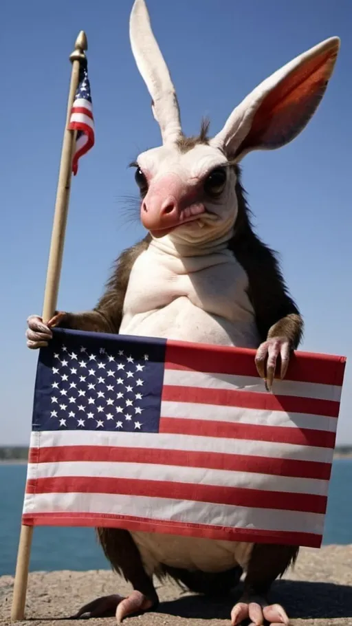 Prompt: Weird animal holding American flag