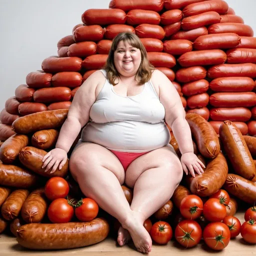 Prompt: Fat woman sitting on pile of sausages and tomatoes 