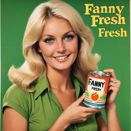 Prompt: Advert for “Fanny Fresh”. Pretty Blonde woman holding can. 1970s style 